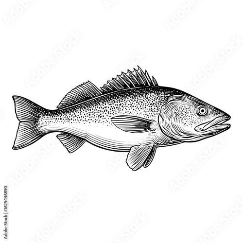 Cod fish in black and white vintage engraving style  