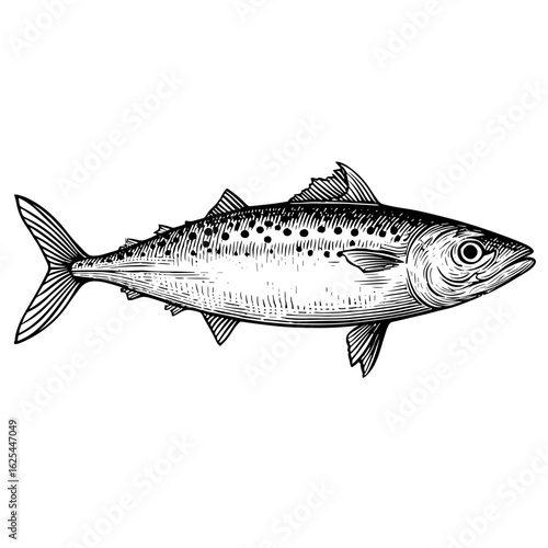 Mackerel fish depicted in black and white ink engraving style  
