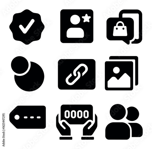 Influencer App Icons. Solid, filled icons set of influencer app integration: verified badge, influencer tab,
