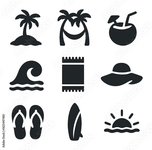 Tropical Escape Icons. Solid, filled icons set of tropical getaway ads: island icon, hammock, coconut drink,