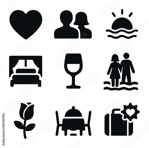 Romantic Getaway Icons. Solid, filled icons set of romantic getaway promotions: heart icon, couple silhouette,