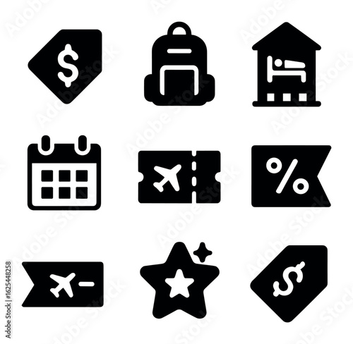 Budget Travel Icons. Solid, filled icons set of budget travel marketing: low price label, small bag, hostel