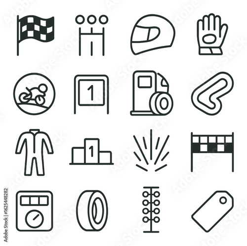 Motorsport linear icon set: helmet, flag, gloves, race track, podium, pit stop, circuit, timer, suit, tire