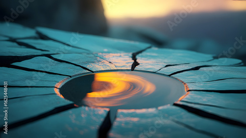 Portal of Time: A mesmerizing close-up view showcases a surreal landscape of fractured stone, its circular indentation reflecting a vibrant, swirling celestial phenomenon.