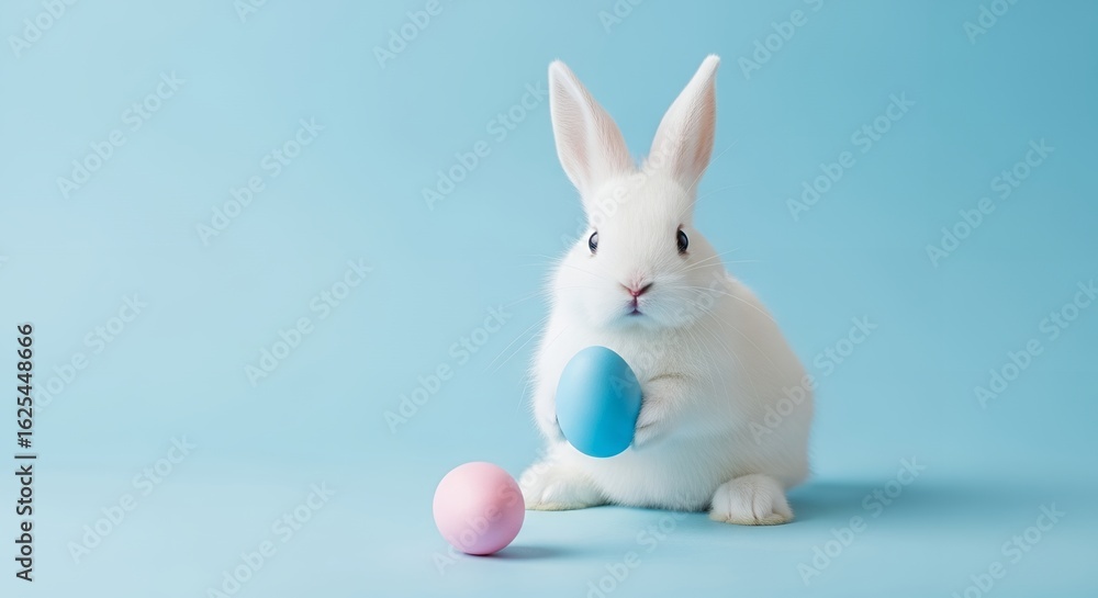 Fototapeta premium Adorable White Easter Bunny with Colorful Eggs on Blue Background