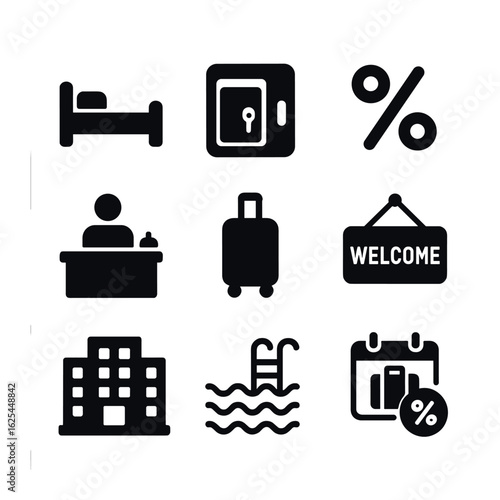 Hotel Icons Grid. Solid, filled icons set of hotel & lodging offers: bed icon, keycard, discount percent,