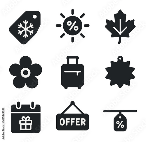 Seasonal Offer Icons. Solid, filled icons set of seasonal offer ads: snowflake tag, sunny discount, autumn