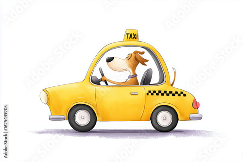 Cartoon dog driving a yellow taxi with a cheerful expression on his face on a white background.