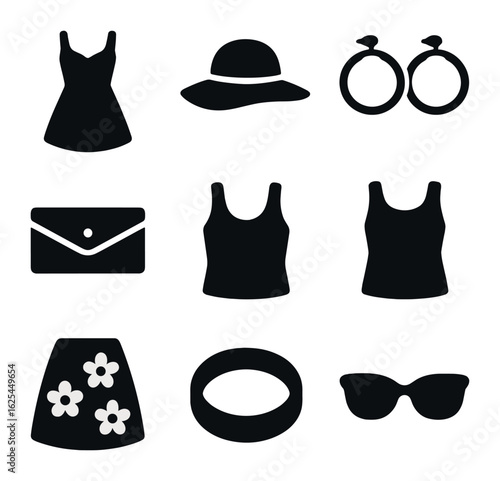 Women's Summer Fashion Icons. Solid, filled icons set of women's summer fashion: sundress, wide-brim hat,