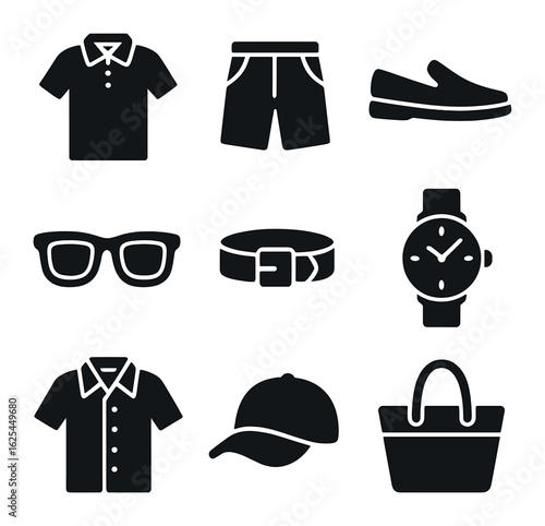 Men's Vacation Icons. Solid, filled icons set of men's vacation style: polo shirt, chino shorts, slip-on shoes