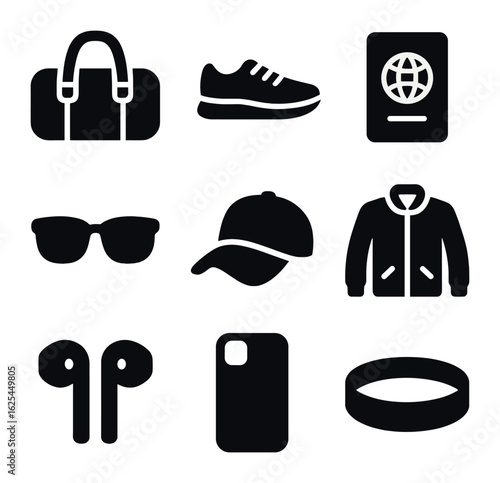 Travel Fashion Icons Grid. Solid, filled icons set of travel fashion items: duffel bag, sneakers, passport