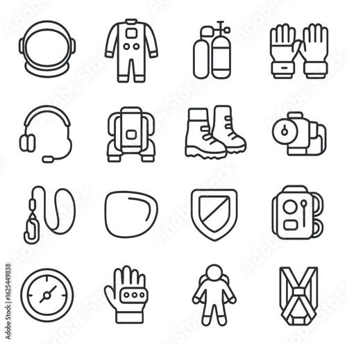 Space exploration linear icon set. includes spacesuit, oxygen tank, helmet, boots, backpack, gloves, headset, compass, camera.