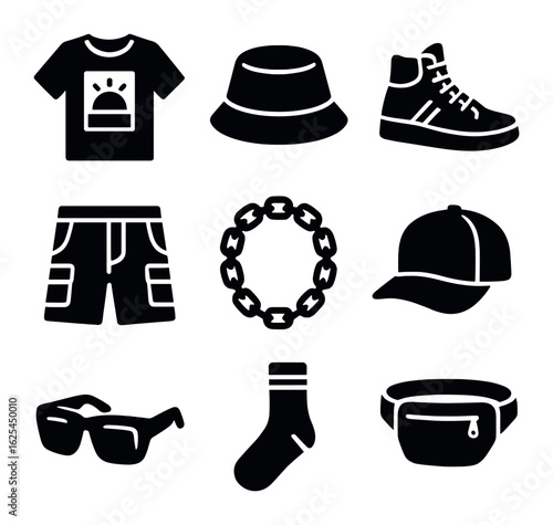 Streetwear Icon Set. Solid, filled icons set of streetwear summer style: graphic tee, bucket hat, high-top