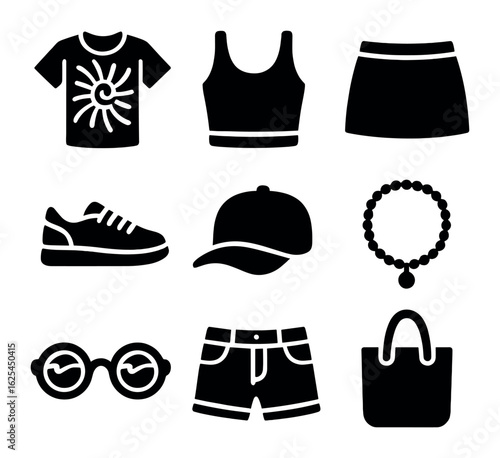 Youth Summer Style Icons. Solid, filled icons set of youth summer style: tie-dye shirt, crop top, mini skirt,