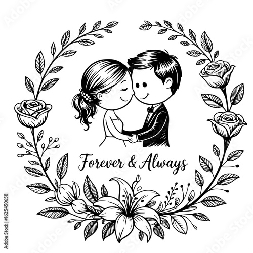 Eternal Embrace: A tender drawing of a couple entwined in a loving embrace within a floral wreath, signifying everlasting love and commitment.