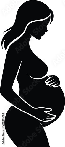 Elegant side profile silhouette of a pregnant woman cradling her belly with love and anticipation