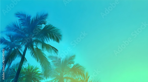 Fototapeta Naklejka Na Ścianę i Meble -  Vibrant gradient sky with silhouetted palm trees creating a tropical paradise atmosphere for summer vacation and relaxation