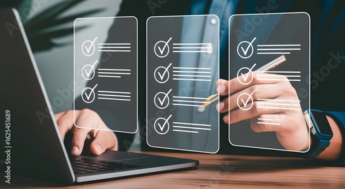 Task Accomplishment: A professional meticulously completing a task, marked with a virtual checklist, embodying precision and diligence.