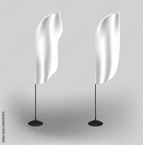 Two white blank feather flags waving on gray background