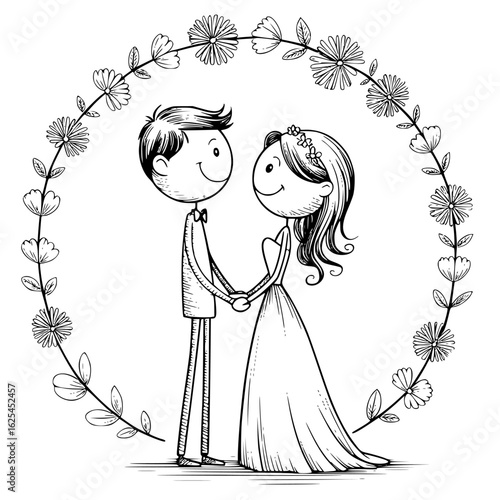 Eternal Embrace: A charming illustration captures the essence of a blissful union, depicting a radiant bride and groom united within a delicate floral wreath, celebrating their love.
