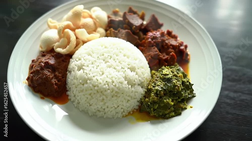 Footage Flavorful plate of authentic Indonesian Nasi Campur featuring steamed rice, savory beef rendang, and assorted traditional side dishes.