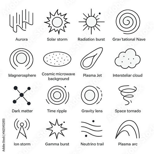 Physics linear icon set. contains solar storm, dark matter, gravity lens, plasma jet, aurora, and more.