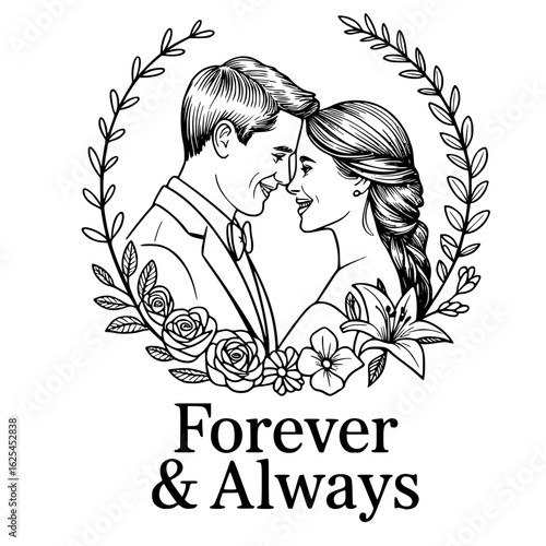 Eternal Bond: A romantic embrace captures the tender moment, framed by delicate floral flourishes. It's a timeless scene of love and commitment.
