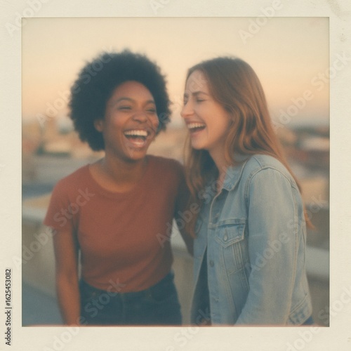 Two Friends Laughing on Rooftop at Sunset in Vintage Polaroid Style
