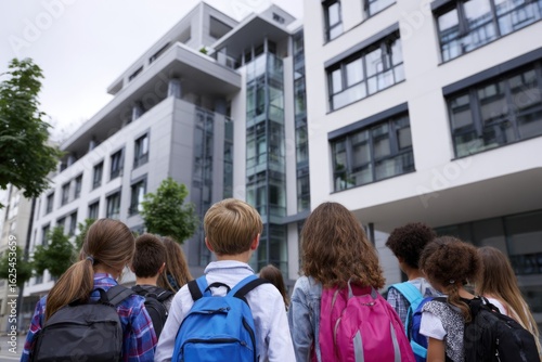 Diverse group of young students with colorful backpacks walking towards a modern school building, beginning their academic year with excitement for knowledge.