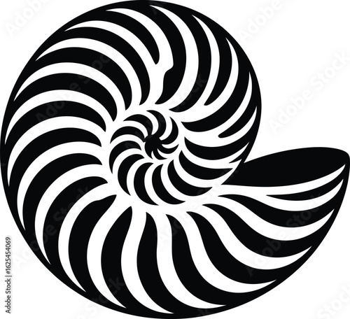 Striking black and white nautilus shell spiral pattern in a bold graphic silhouette