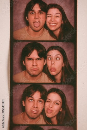 Retro Photobooth Strip of Young Couple Making Funny Faces with 1990s Aesthetic and Grainy Film Look