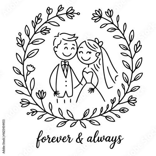 Forever and Always: A charming illustration captures the essence of everlasting love, depicting a newlywed couple encircled by a floral wreath.