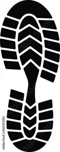 Black and white graphic illustration of a rugged boot footprint silhouette with a distinctive tread pattern