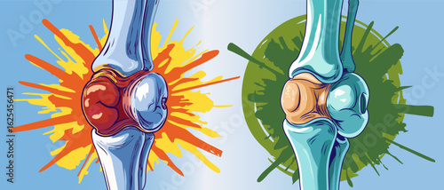 Vivid illustration showing a painful inflamed joint transforming into a healthy one through diet, symbolizing recovery and lifestyle improvement