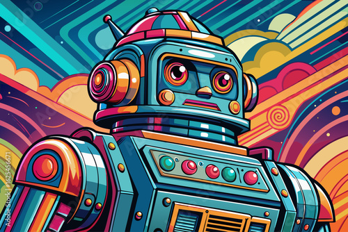 Vintage retro robot toy with colorful tin body, mechanical arms, and wind-up key. Classic collectible design, evoking nostalgic sci-fi themes and childhood memories