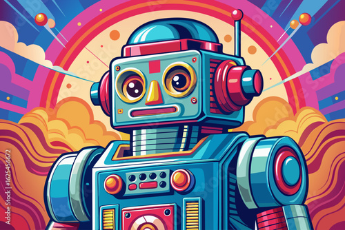 Vintage retro robot toy with colorful tin body, mechanical arms, and wind-up key. Classic collectible design, evoking nostalgic sci-fi themes and childhood memories