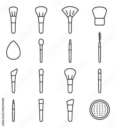 Makeup linear icons set. featuring brush, sponge, eyelash, powder, and more.