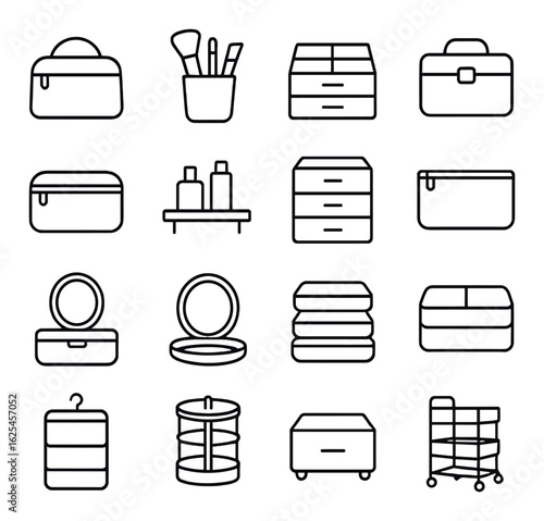 Beauty linear icon set: cosmetic bag, makeup brush, organizer box, skincare bottles, towel stack