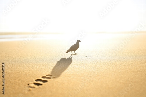 Silhouette of a Bird on Sandy Beach with Footprints, Bright Sunlight, and Calm Ocean