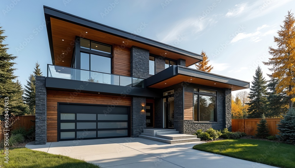 custom made wallpaper toronto digitalModern architectural house in Calgary suburb features elegant design with stone, wood, glass elements. Large windows, clean lines offer stylish, inviting exterior with well-maintained garden, pathway