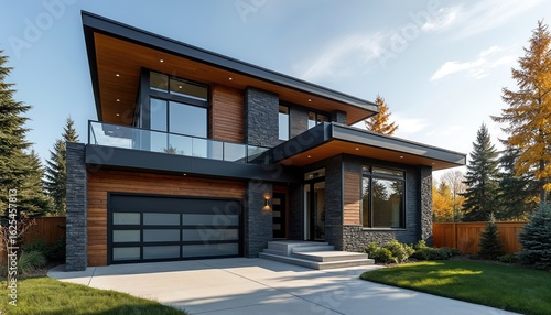 Wallpaper Mural Modern architectural house in Calgary suburb features elegant design with stone, wood, glass elements. Large windows, clean lines offer stylish, inviting exterior with well-maintained garden, pathway Torontodigital.ca