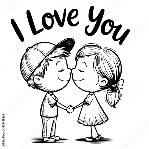 Affectionate Kiss: A tender sketch depicts a loving couple sharing a kiss, framed by I Love You. The moment is a sweet expression of affection.