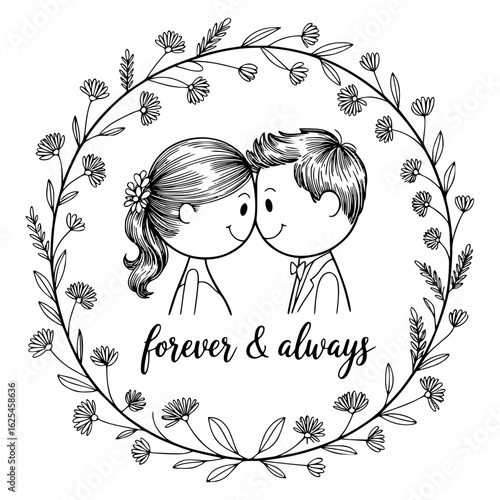 Forever & Always: A delicate illustration of a couple in love framed by a floral wreath, the words forever & always celebrate a bond of everlasting love and commitment.