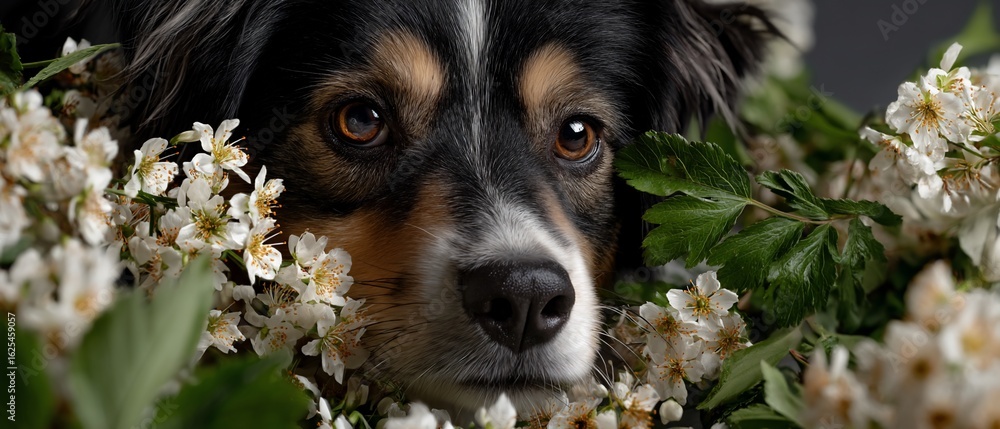 Obraz premium Dog with Brown Eyes Surrounded by White Flowers.