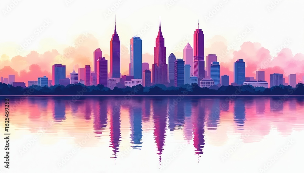 Obraz premium Colorful cityscape skyline reflection over water. Illustration Bangkok, Asia urban landscape with modern skyscrapers in pink, purple hues during sunset sunrise. Graphic design suitable for wallpaper,