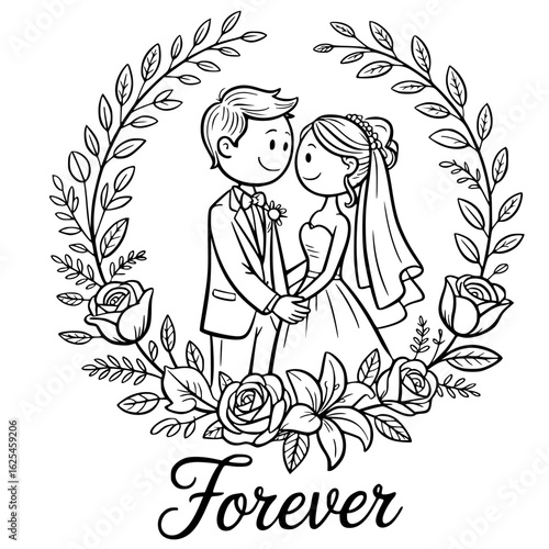 Eternal Embrace: Delicate line art captures a moment of love, depicting a tender embrace between a bride and groom, framed by an elegant wreath of flowers, symbolizing the enduring bond of marriage.