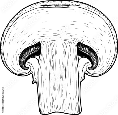 Single button mushroom sliced in half, showing internal structure, high-detail, with hand-drawn style