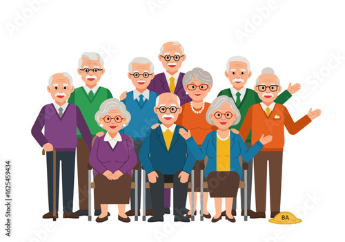 Flat illustration of a diverse group of smiling senior men and women posing together, representing friendship and community in their golden years