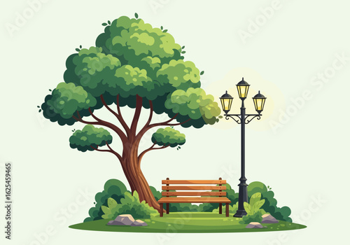 Flat illustration of a serene park scene featuring a wooden bench under a large, leafy tree with a vintage street lamp nearby, set against a light background
