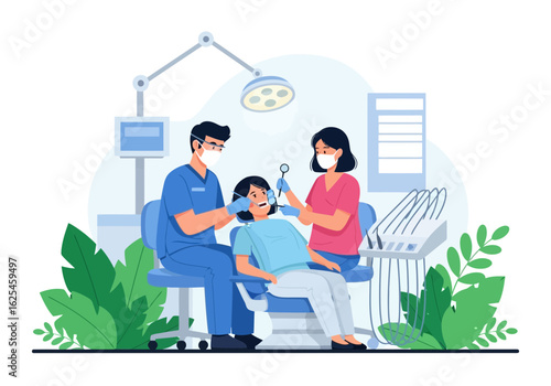 Flat illustration of illustration of a dentist and assistant examining a child patient in a modern dental clinic with medical equipment and plants